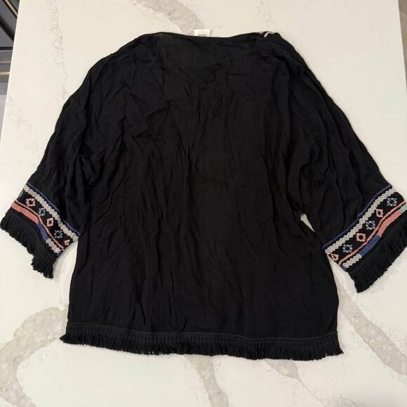 Knox Rose Open Front Embroidered Boho Kimono Womens Medium Black Tassle Cardigan - Picture 7 of 7